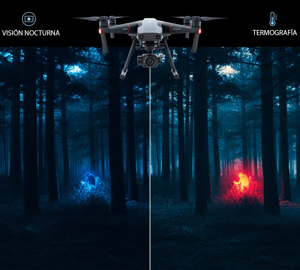 Comparativa visual de sensores DJI Enterprise: visión nocturna Starlight a la izquierda y cámara térmica infrarroja a la derecha durante una misión de búsqueda y rescate.