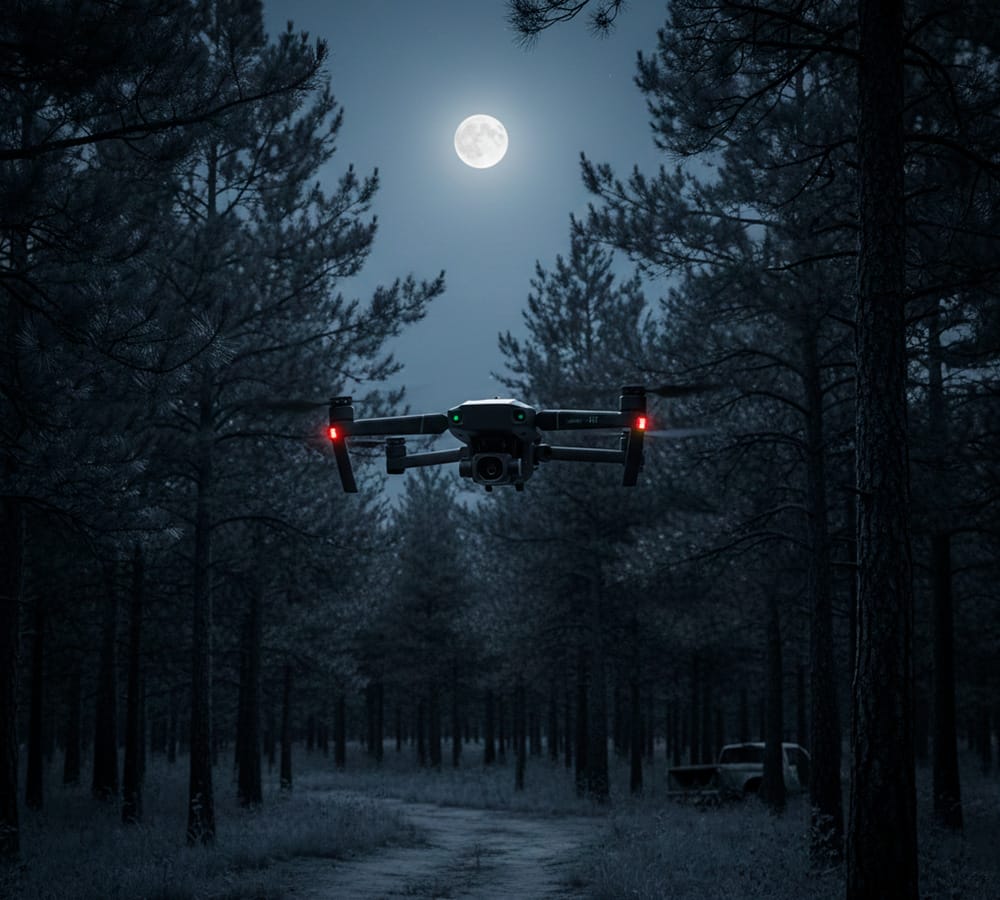 Vista nítida desde cámara Starlight de un drone DJI, mostrando detalles claros de vehículos y personas en un entorno urbano oscuro sin uso de termografía.