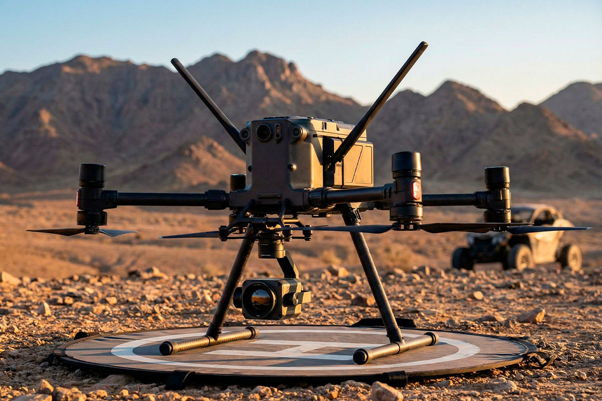 Primer plano del drone industrial Matrice 4D en desierto, destacando diseño robusto, antenas O3 y sensores avanzados.