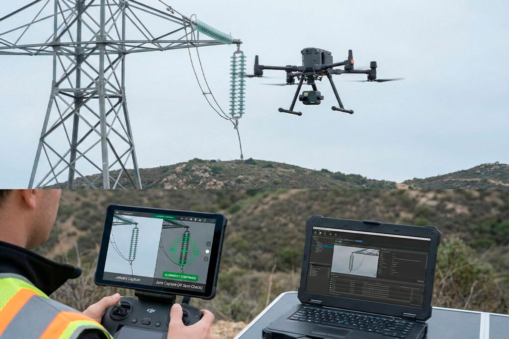 Drone Matrice en inspección de torre eléctrica usando AI Spot-Check para alinear capturas históricas en el controlador.