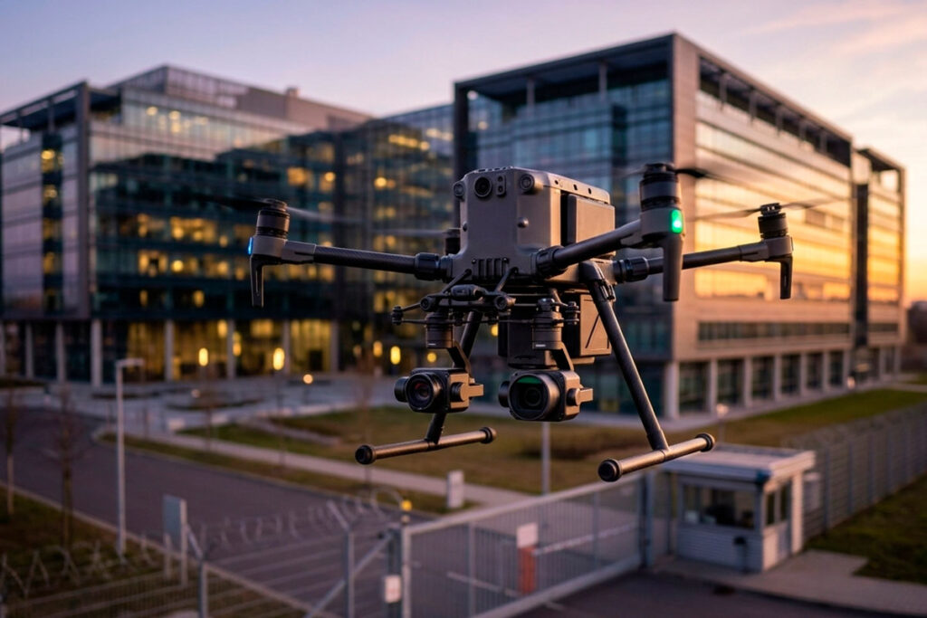 Dron de seguridad privada realizando patrullaje perimetral en complejo corporativo.
