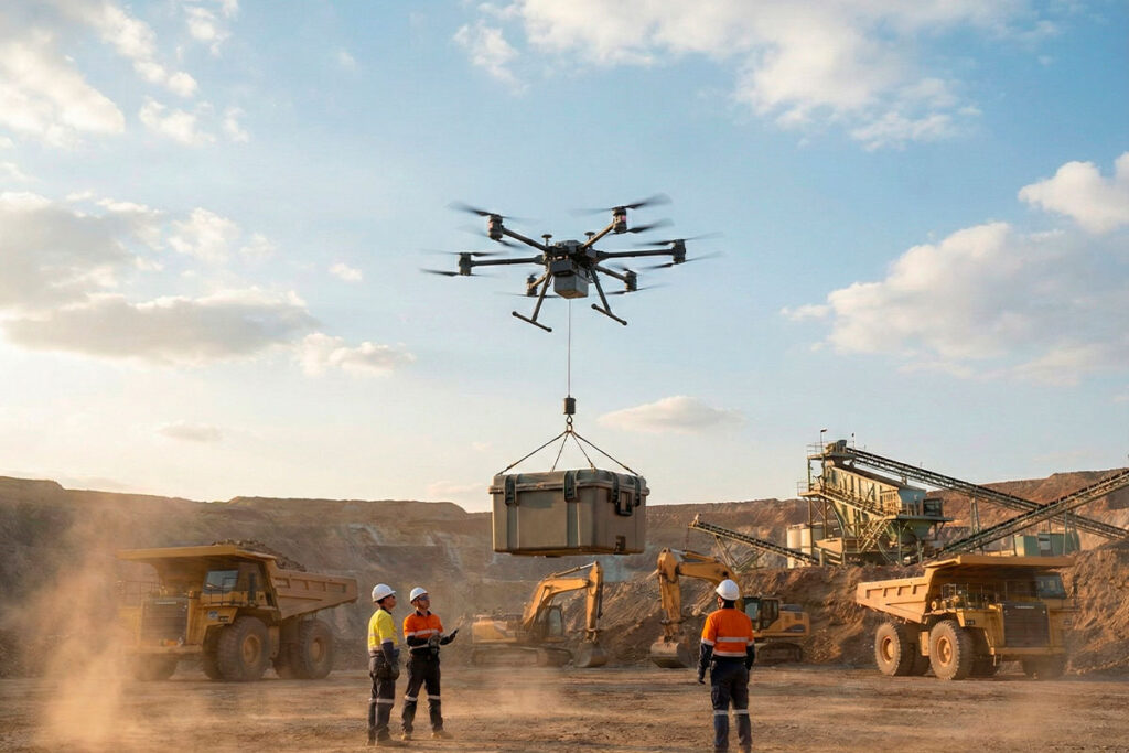 Drones para transporte de carga pesada operando en logística industrial minera.