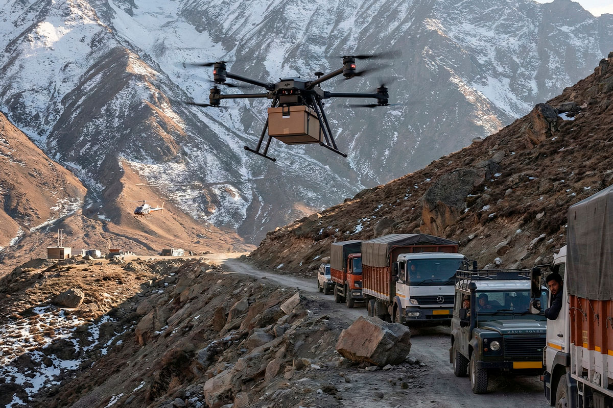 Drones para transporte de carga operando sobre terrenos complejos, superando demoras de vehículos terrestres en alta montaña.