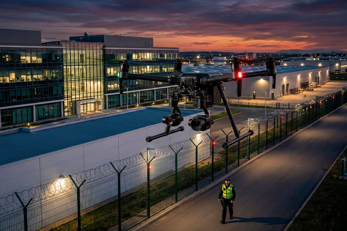 Dron realizando patrullaje autónomo nocturno sobre un perímetro corporativo, el estándar recomendado por toda empresa de drones experta.