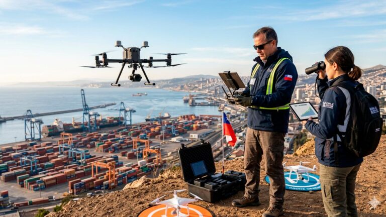 Operadores de drones industriales supervisando operaciones logísticas en un puerto de Chile con equipo tecnológico profesional.