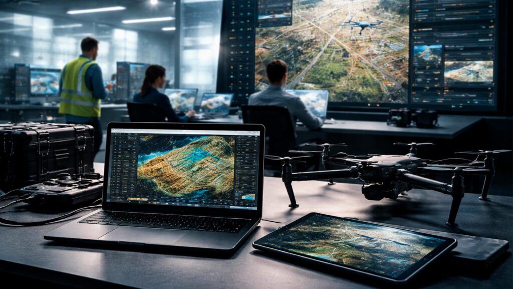 Centro de control con software para drones empresariales gestionando operaciones en tiempo real