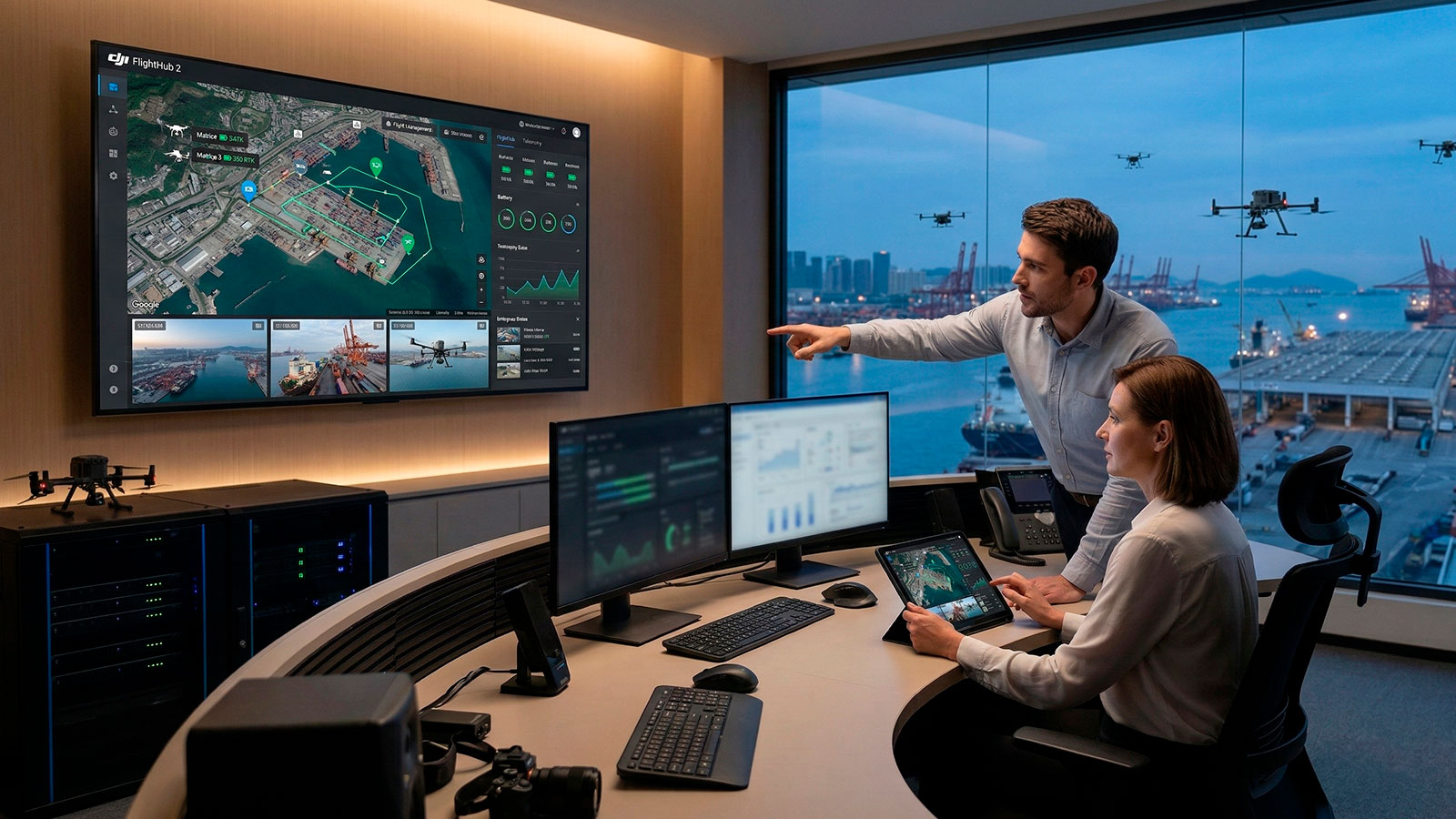 Centro de mando corporativo utilizando DJI FlightHub 2 para control en la nube y sincronización masiva de drones en tiempo real.
