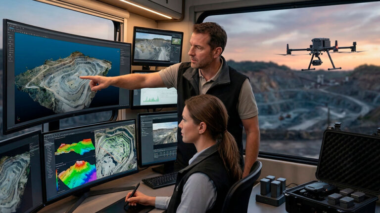 Profesionales en centro de control analizando mapeo 3D industrial y fotogrametría mediante procesamiento de datos con drones.