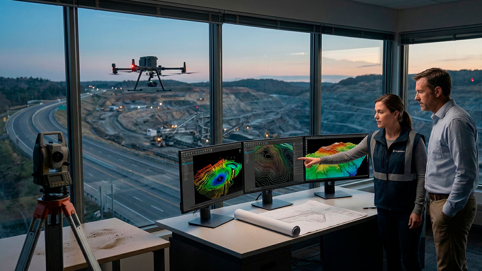 Profesionales de ingeniería utilizando software avanzado para drones de topografía para visualizar mapeo 3D y curvas de nivel, contrastando con una estación total tradicional en primer plano.