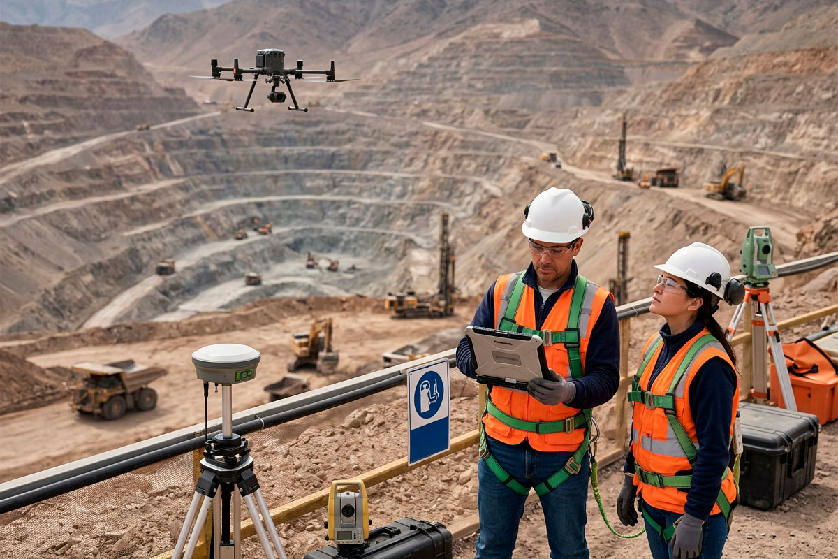 Dron profesional realizando levantamiento aéreo en minería